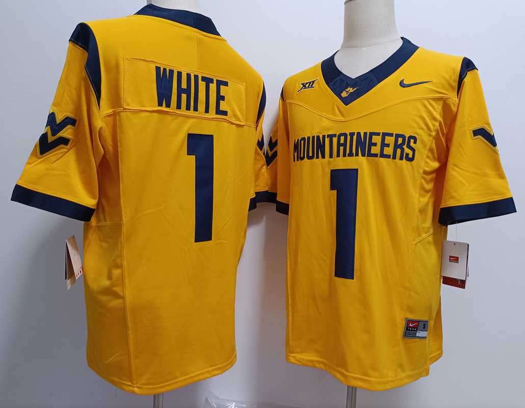 Men's West Virginia Mountaineers #1 Jahiem White Yellow FUSE College Stitched Jersey,We sell and wholesale Men's West Virginia Mountaineers #1 Jahiem White Yellow FUSE College Stitched Jersey on line form chian!